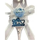 4 Piece Mis Quince Anos Cake Knife and Server Set with Champagne Toasting Glass Flutes White Flower Light Blue Design